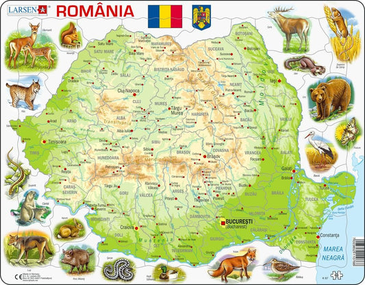 Puzzle Harta Fizică a României cu Animale (în română), 68 piese, Larsen